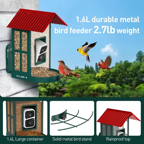 Miniatura 4 de SOLIOM Comedero inteligente para pájaros con cámara para exteriores, casa de pájaros solar de metal duradero, vista en vivo en 2K y alertas Conjunto