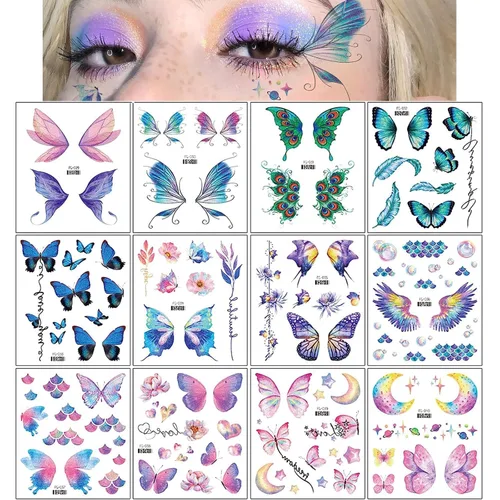 Konsait 12 hojas de tatuajes temporales de mariposa con purpurina para mujeres y niñas, tatuajes faciales de mariposa para mujeres, calcomanías de