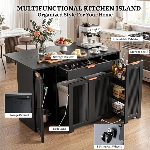 Miniatura 4 de YITAHOME Expandable Kitchen Island with Hidden Trash Cabinet, 55.1" Rolling Kitchen Island with Drop Leaf, Storage Drawer & 3-Tier Side Shelves