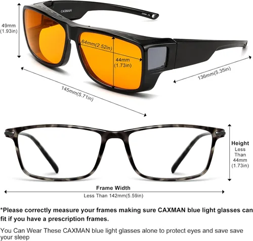 Miniatura 4 de CAXMAN 99.9% gafas de luz azul para dormir, lentes teñidas de naranja para un buen sueño, se ajustan sobre las gafas que cubren completamente tus