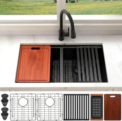 Fregadero de Cocina de Doble Tazón 30" X 18", Fregadero de Cocina Negro de Montaje Inferior, Fregaderos Dobles de Montaje Inferior de Acero Acero