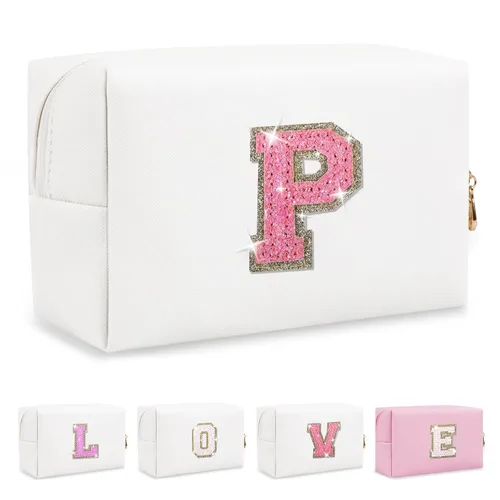 Miniatura 356 de Pequeña bolsa de maquillaje personalizada con inicial A-Z Preppy Patch, bolsa de cosméticos de viaje de felpilla blanca con cremallera, bonita bolsa