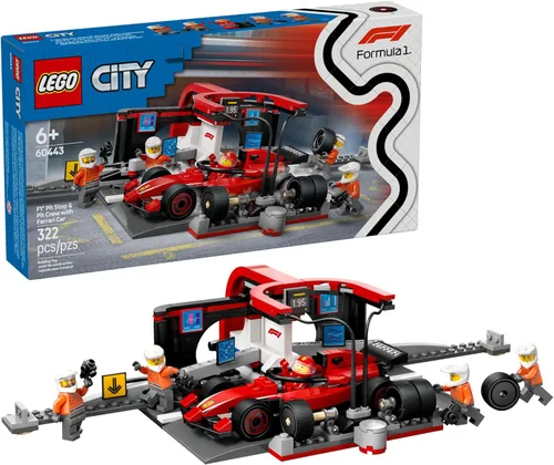 LEGO City F1 Pit Stop & Pit Crew con juguete de coche Ferrari – Modelo de coche de carreras de juguete de construcción para niños, niños y niñas, a