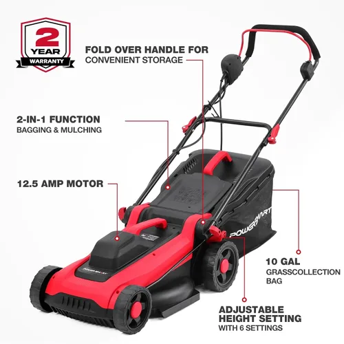Miniatura 2 de PowerSmart - Cortacésped eléctrico con cable de 14 pulgadas, 12.5 amperios, altura de mango ajustable, 6 alturas de corte, bolsa de colección de 10