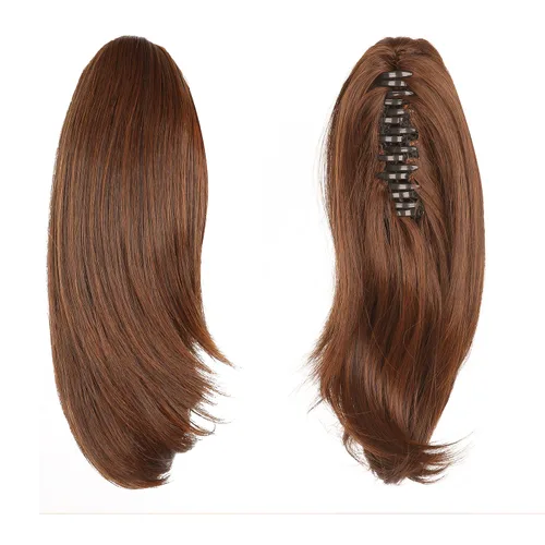 Miniatura 54 de Extensiones de cola de caballo, extensiones de cabello rizado con clip de garra de color marrón oscuro para mujer, peluca sintética de cola