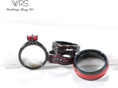Miniatura 2 de Juego de anillos de boda de dos anillos para parejas, anillos a juego para mujer, 2 piezas, chapado en oro negro, circonita roja, anillo