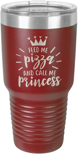 Miniatura 10 de Vaso grabado con pajita y tapa superior deslizante de acero inoxidable para viaje con texto en inglés "FEED ME PIZZA AND CALL ME PRINCESS
