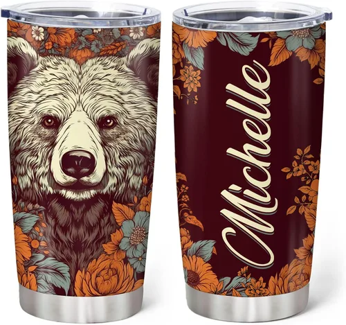 Hyturtle Regalos personalizados para amantes de los osos – Vaso de acero inoxidable impreso con nombre floral personalizado de 20 onzas con tapa,
