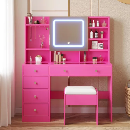 Miniatura 8 de Karl home Tocador de maquillaje con espejo iluminado, escritorio para dormitorio con estación de carga, juego de tocador grande con escritorio