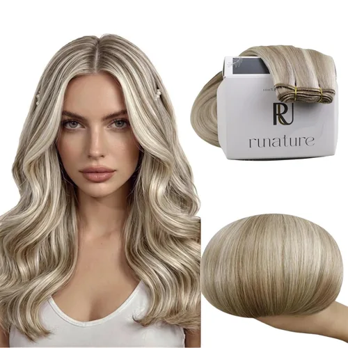 Miniatura 13 de RUNATURE Extensiones de cabello humano rubio con trama para coser, para mujer, añade volumen al cabello, 12 pulgadas, 2.47 onzas (2.47 oz), reflejos