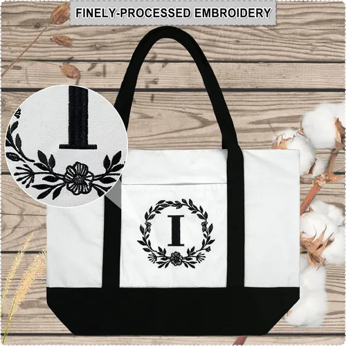 Miniatura 5 de BeeGreen - Bolsa de lona con iniciales de 12 onzas con bolsillo interior con cremallera, bolsillo frontal para la playa, escuela con bordado