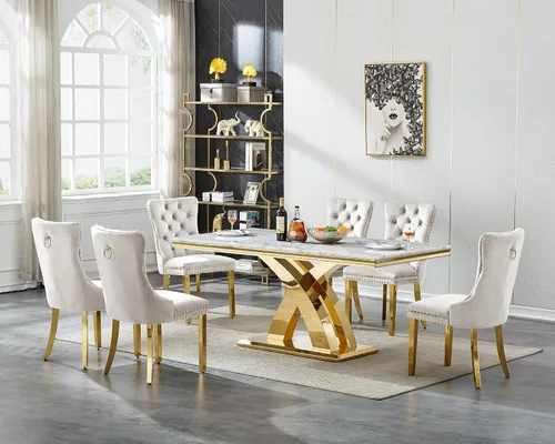 Miniatura 12 de Moderno juego de mesa de comedor de mármol para 4, juego de mesa de comedor de lujo para 4, mesa de comedor de mármol sintético de 68 pulgadas