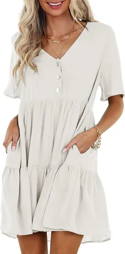 LYANER Vestido tipo túnica con cuello en V para mujer, manga corta, con botones frontales, casual, holgado, de verano, mini vestido con vuelo
