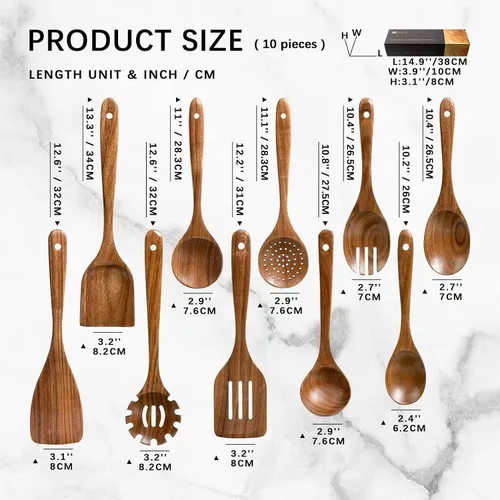 Miniatura 2 de cucharas de madera para cocinar, juego de utensilios de cocina antiadherentes con 10 piezas de espátulas y cucharas de madera de acacia para 10