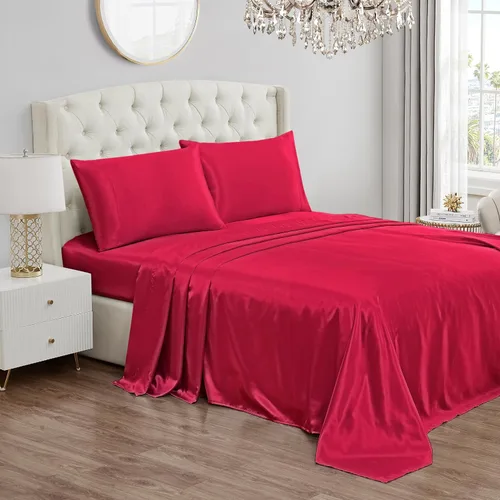Miniatura 16 de Juicy Couture Juego de sábanas de satén de tamaño individual, juego de sábanas sedosas de bolsillo profundo con 1 sábana bajera, 1 sábana encimera