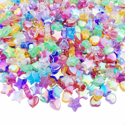 Jmassyang 600 cuentas acrílicas en forma de corazón y estrella, encantadores colores AB transparentes, surtidos de cuentas coloridas y planas,