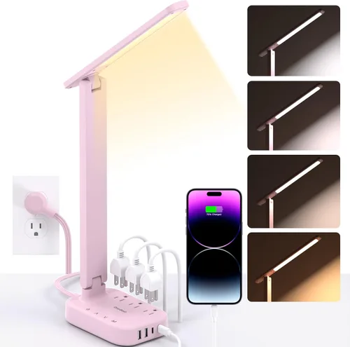 Miniatura 8 de One Beat Pequeña lámpara LED de escritorio, cable de extensión de 5 pies con 3 tomas, 4 puertos USB (2 USB C), 4 modos, lámpara táctil de 5 niveles