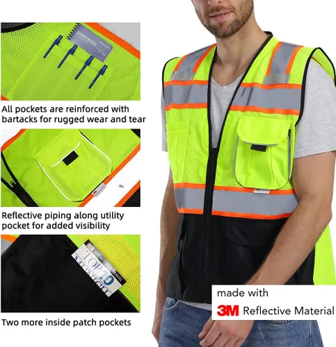 Miniatura 4 de Dib Safety - Chaleco reflectante de alta visibilidad con bolsillos y cremallera, malla de alta visibilidad ANSI Clase 2, hecho con cinta reflectante