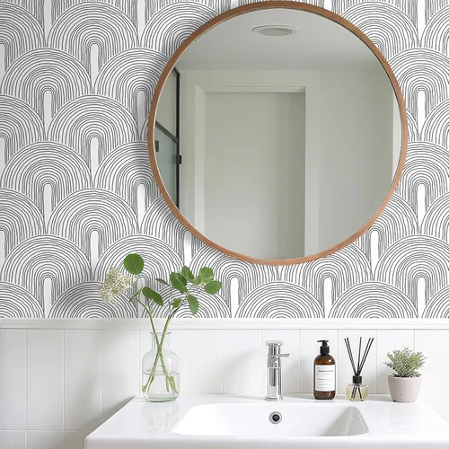 Miniatura 3 de Livelynine - Papel de colgadura adhesivo minimalista en blanco y negro de mediados del siglo moderno, papel tapiz extraíble con acento de arco