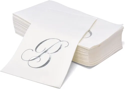 Miniatura 3 de Gift Boutique - 100 servilletas de invitados con monograma plateado en blanco, paquete de papel desechable con la letra B, elegante servilleta