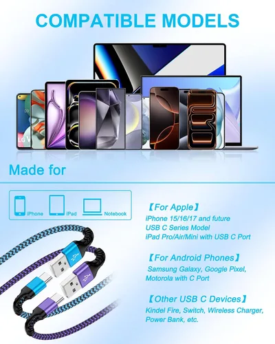Miniatura 7 de Cable USB C para iPhone Air iPhone 17e 17 Pro Max 17 Pro 17 16e 16 Pro 15 Pro/Plus, 2 unidades de cable de carga rápida USB a Usbc, cable de carga
