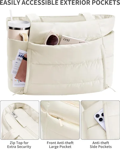 Miniatura 5 de Bolsa Tote Acolchada para Mujeres, Bolsa de Mano de Trabajo Ligera y Esponjosa para Maestras y Enfermeras, Bolsa de Hombro Acolchada para Escuela
