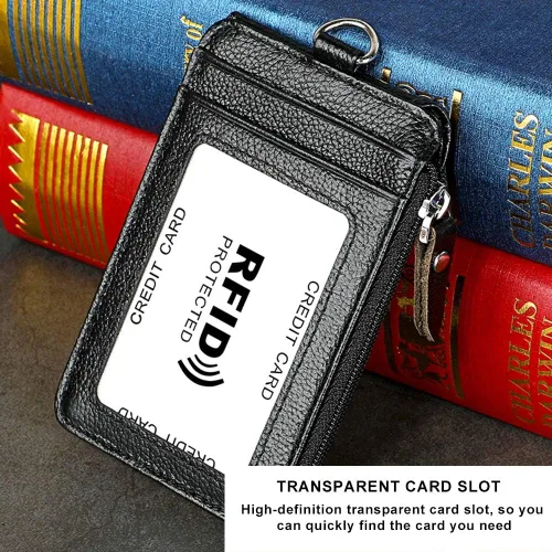 Miniatura 7 de plplaaoo Soporte para tarjetas, bloqueo RFID, identificación de piel de vaca, collar vertical con cordón, ranura transparente de alta definición