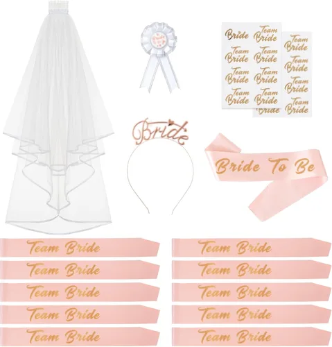 Bride to Be - Suministros para despedida de soltera, 16 piezas de decoración de despedida de soltera, velo de banda para decoración de boda, color