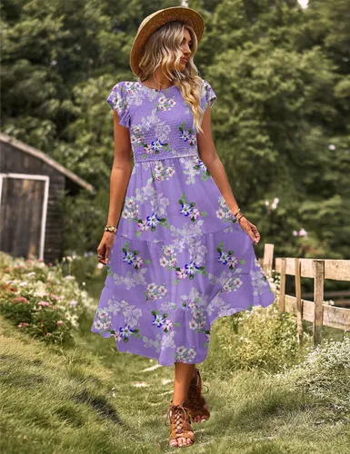 Miniatura 2 de YESNO Vestidos de verano para mujer, con volantes, manga casquillo, vestido casual bohemio con corpiño fruncido con bolsillos, E05