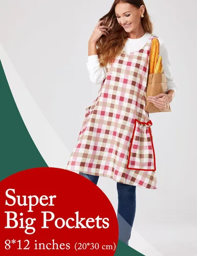 Miniatura 2 de Delantales ajustables con espalda cruzada para mujer con bolsillos de algodón y lino para cocinar y hornear Rojo Plaid