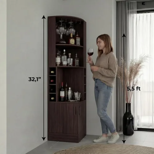 Miniatura 3 de Tuhome Syrah - Armario esquinero con dos estantes externos, estante para copas, ocho cubículos, diseño moderno para sala de estar o bar en casa