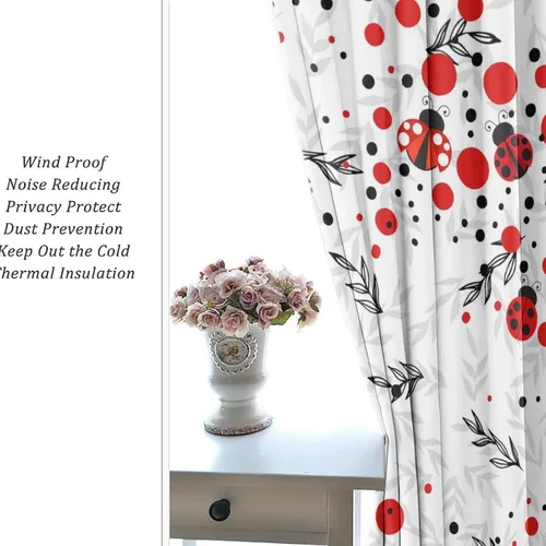 Miniatura 6 de Cortinas opacas de estilo japonés de mariquita de dibujos animados, diseño de eucalipto de mariquita roja y negra, juego de tratamiento de ventana