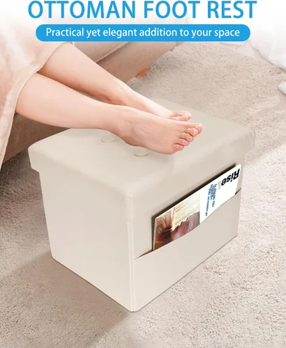 Miniatura 3 de Otomana con taburete de almacenamiento, otomana plegable de almacenamiento de 17 pulgadas, reposapiés tapizado de cuero con bolsillos laterales