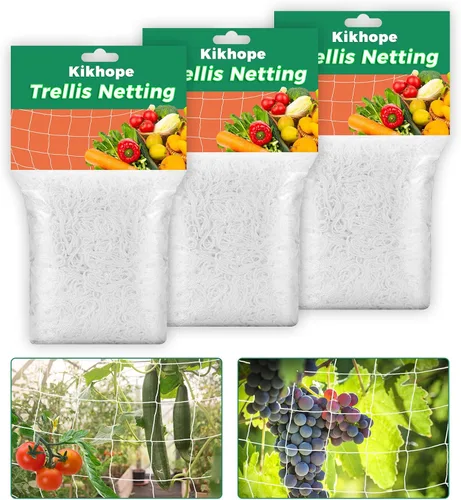 Kikhope Red de enrejado, 3 paquetes de 5 x 15 pies, malla de poliéster resistente para plantas, red de malla cuadrada para plantas trepadoras,