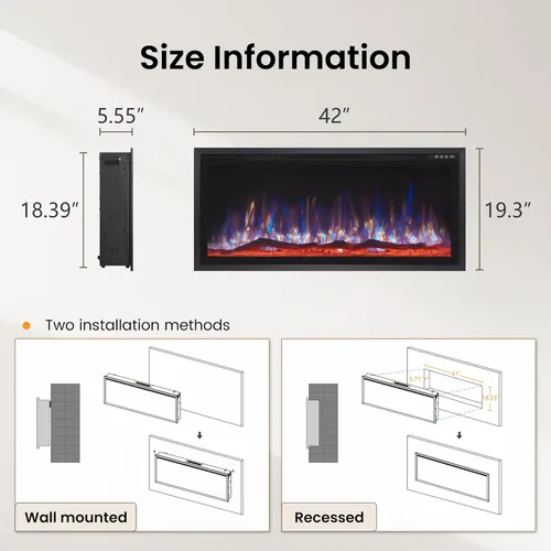 Miniatura 8 de PPHI Villa - Chimenea eléctrica ultra estrecha de 42 pulgadas, chimenea realista de alta llama montada en la pared/empotrada con cama multimedia