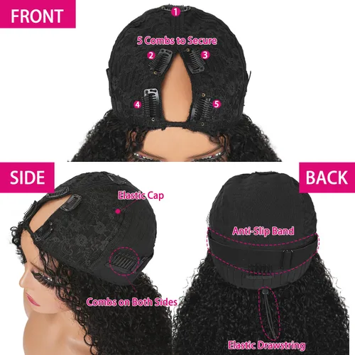 Miniatura 4 de Pelucas de Raya en V Rizadas con Forma de V para Mujeres Negras, Sin Mechas Fuera, Mejora de Raya en U, Sin Pegamento, Peluca Completa con Clip