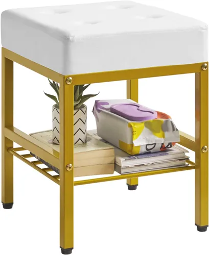Miniatura 9 de IBUYKE Taburete de maquillaje cuadrado con pies ajustables y espacio de almacenamiento, silla reposapiés, asiento de tocador de PU, multiusos como