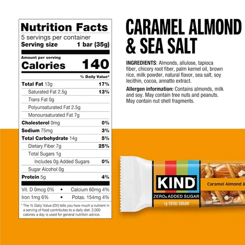 Miniatura 2 de KIND ZERO Barras sin azúcar añadida, caramelo, almendras y sal marina, aperitivos aptos para keto, libres de gluten, con 5g de proteína, 5