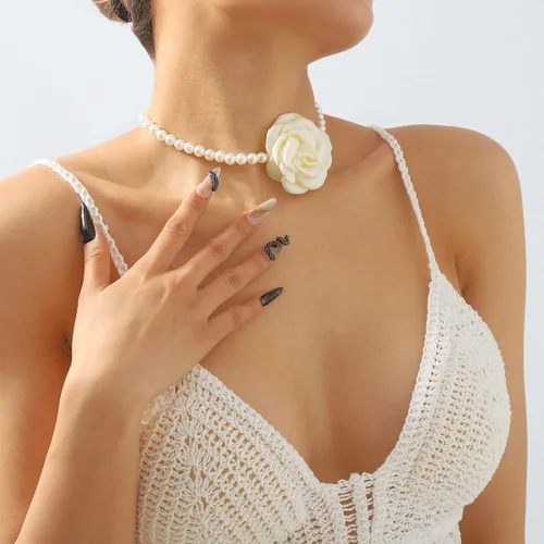 Miniatura 5 de Bethynas Gargantilla de perlas barrocas con flores hechas a mano, collar de rosa floral vintage, collar de perlas para novia, collar de perlas