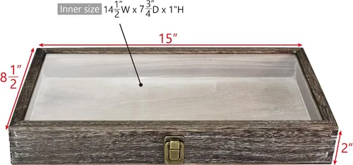 Miniatura 2 de MOOCA Caja de almacenamiento de 2 piezas de vidrio templado de madera con cierre de metal, bandeja de joyería de madera para coleccionables, vitrina