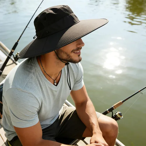 Miniatura 6 de Sombrero de ala súper ancha, protección UPF 50+, sombrero de pescador impermeable para pesca, senderismo, campamento, nailon transpirable y malla