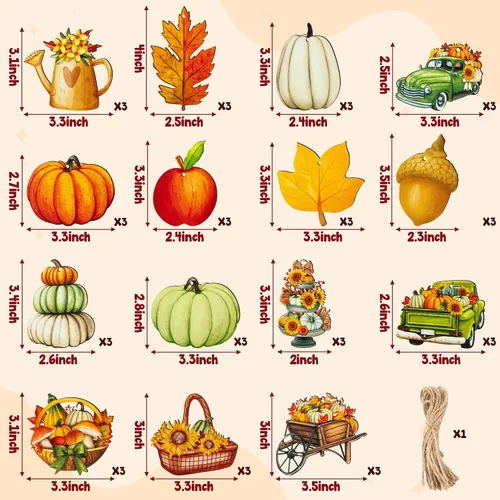 Miniatura 2 de Haooryx Adorno colgante de madera de acuarela de otoño, 46 piezas de calabaza de otoño, hojas de arce, flores de madera, colgante decorativo