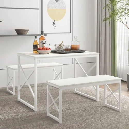 Miniatura 13 de VECELO Juego de mesa de comedor de cocina de 43.3 pulgadas para 4, marco de acero resistente y mesa de grano de madera, juegos de comedor que