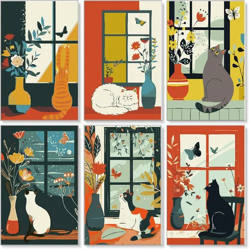 Miniatura 13 de Jethami Paquete de 6 pinturas por números para adultos principiantes, fácil de pintar con gato negro, kit de arte de lienzo para decoración de pared