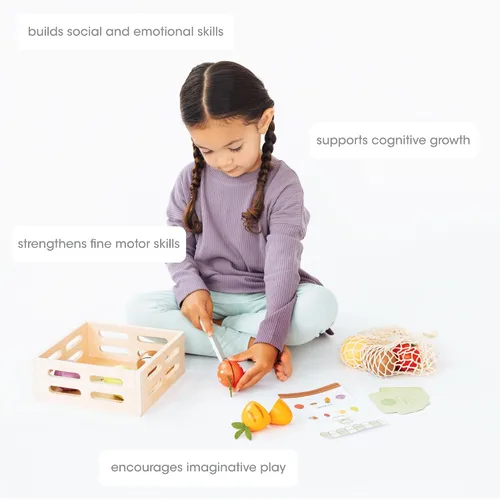 Miniatura 3 de Pearhead Juego de comida de madera para jugar, juguete de cocina de 21 piezas, para cortar frutas y verduras, certificado FSC, mercado