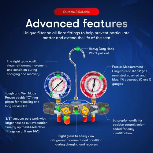 Miniatura 5 de Sunluway 49968 Colector de carga de prueba de 4 válvulas, juego de herramientas de manómetro de colector de A/C con mangueras de válvula de bola