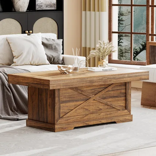 Miniatura 6 de Mesa de café Lareth 39 pulg. Mesa de centro rústica con pedestal de madera en X para sala de estar, ahorro de espacio, mesa de té de diseño
