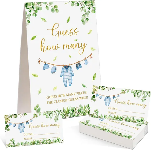 Blue Clothes Guess How Many Baby Shower Juego de 1 cartel de mesa con soporte y 50 tarjetas de cuántas tarjetas, decoración de juego de fiesta de