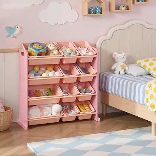 Miniatura 6 de VECELO Organizador de almacenamiento de juguetes para niños de gran capacidad con 12 contenedores - Estante de madera para juguetes para niños Rosa