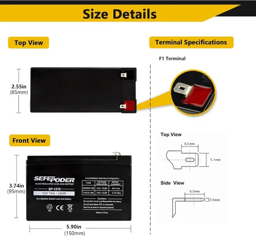 Miniatura 2 de SEFEPODER 12 V 7Ah Batería recargable de plomo ácido sellada 2 unidades (terminales F1)